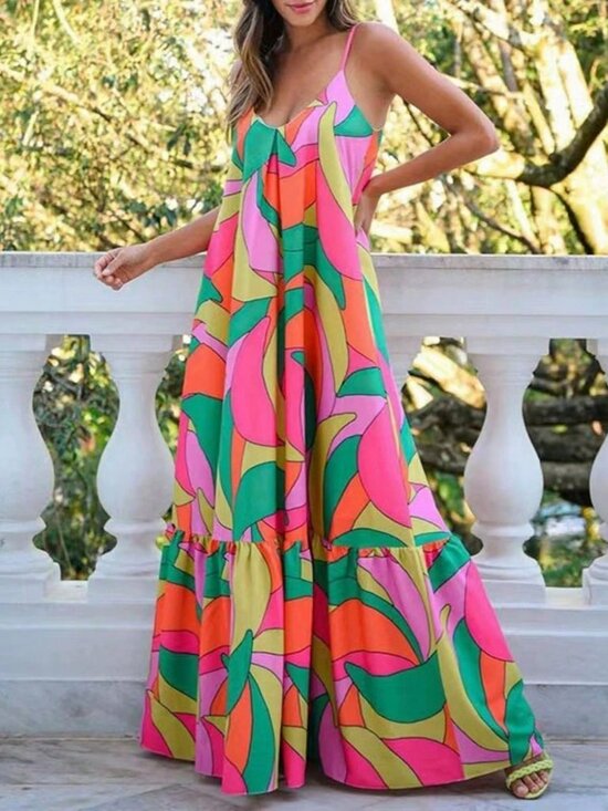 Dresses & Skirts - Multicolor Boho Women's Allover Print Ruffle Hem Casual maxi Dress